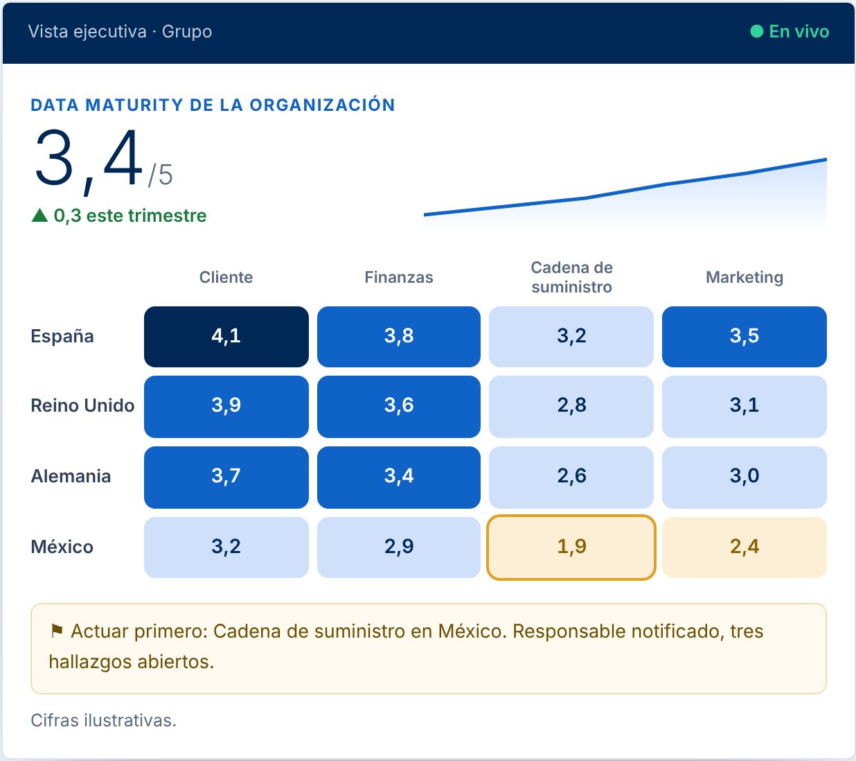 Vista ejecutiva: data maturity de la organización por país y dominio.